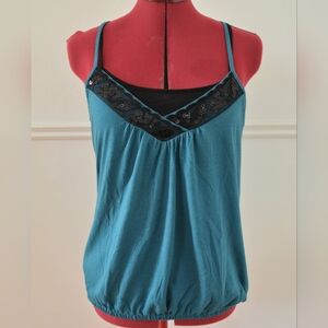 B2G1F - Teal Spaghetti Strap Top with Black Lace / Sequin Detail - Large